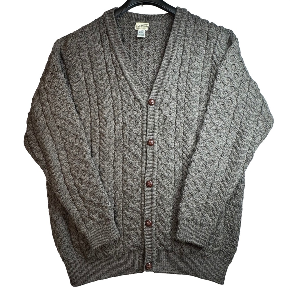 LL Bean Mens XL Tall Gray Cable Knit Wool Cardigan Sweater Made in Ireland READ